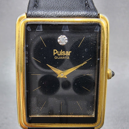 Pulsar Tank Watch Men 24mm Black Dial Gold Tone Rectangle V320-5059 New Batt