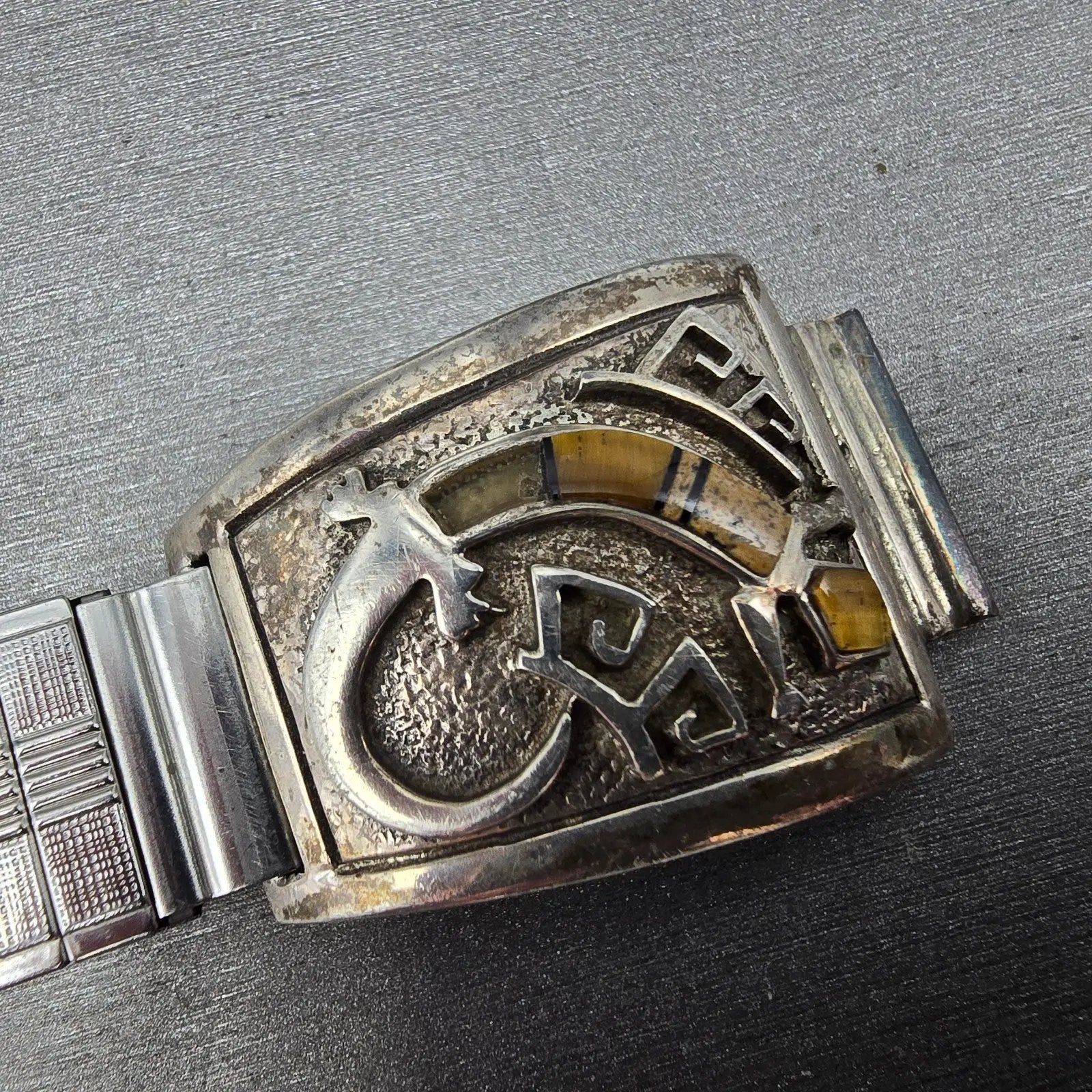 Navajo Sterling Silver Watch Band Tips 17mm Lizard Design Stretch Band VTG8