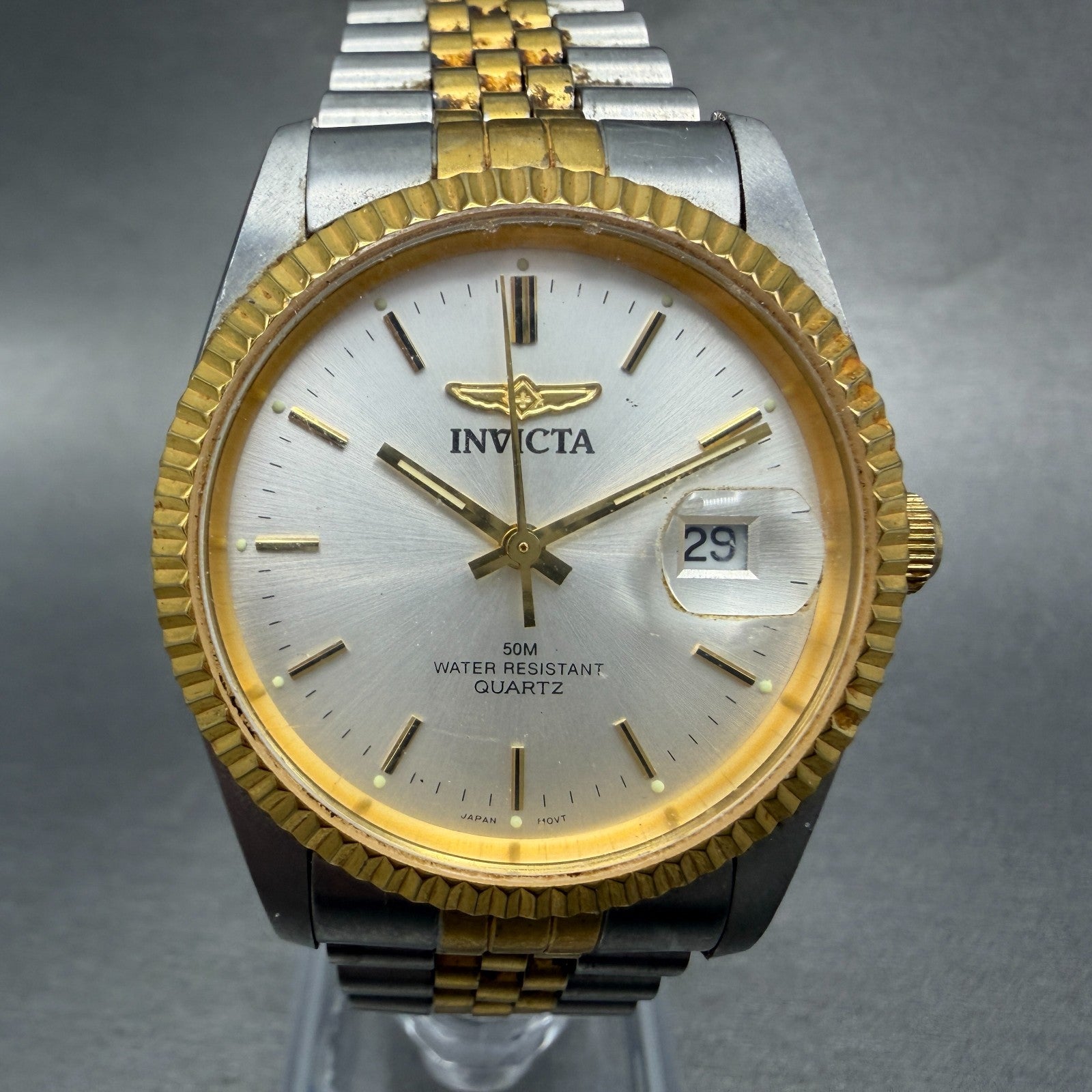 Invicta President Watch Men 36mm Silver Dial Two Tone Date Round New Battery0