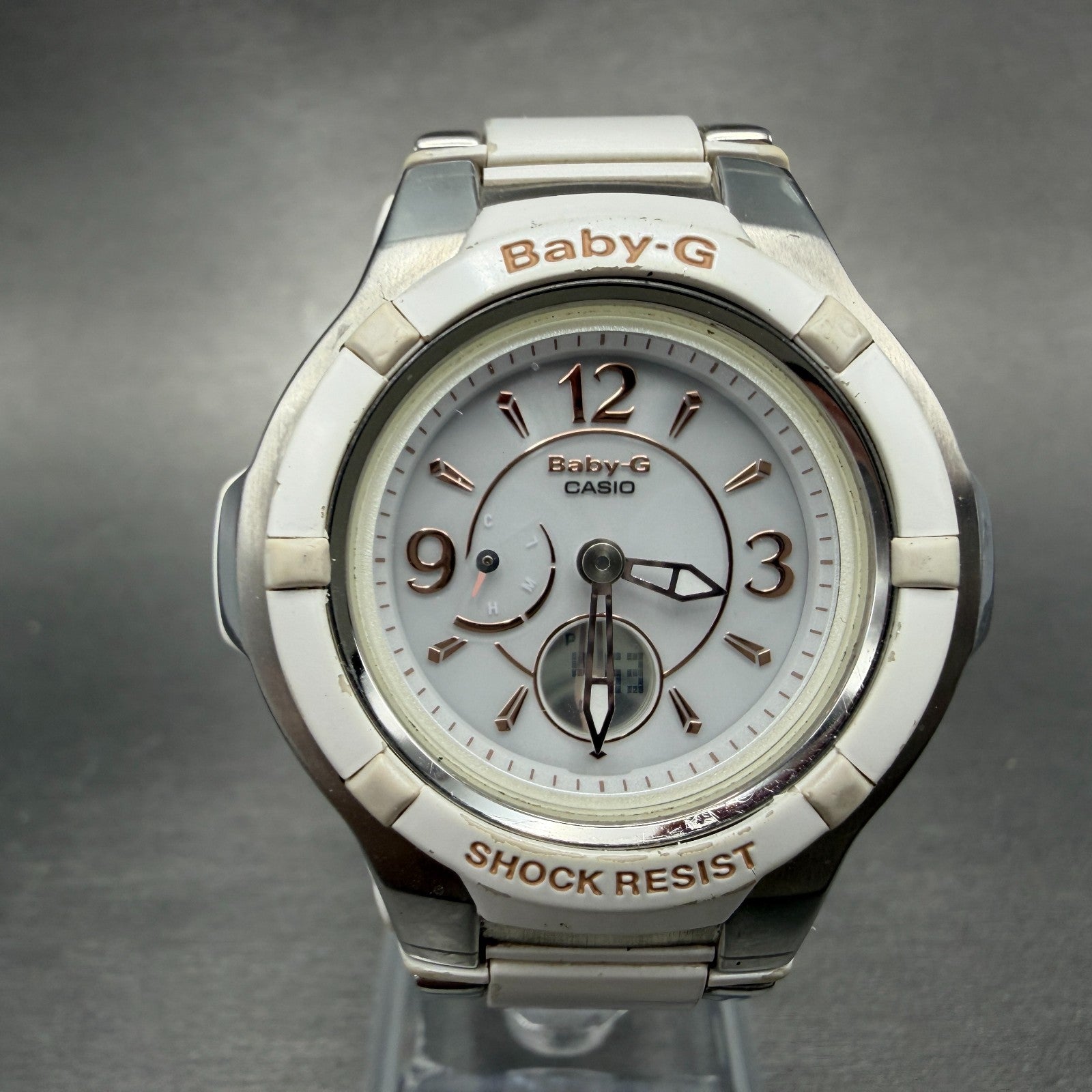 Casio Baby-G Watch Women 38mm White Dial Silver Tone Analog Digital Solar ABC0