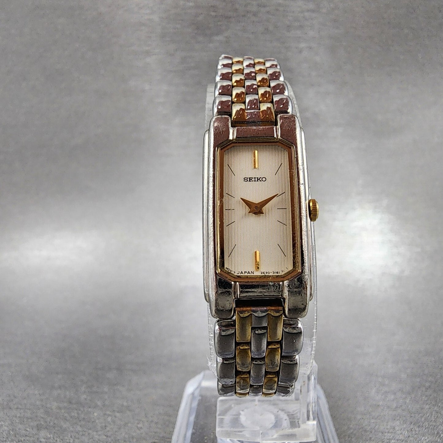 Seiko Tank Watch Women 14mm Cream Dial Two Tone Rectangle 2E207430 New Battery5