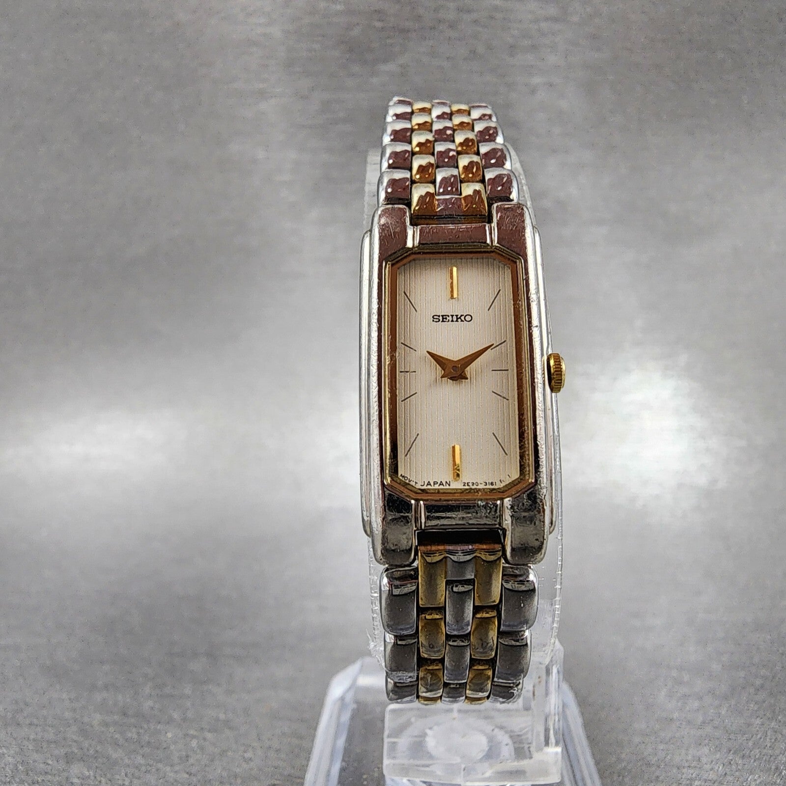 Seiko Tank Watch Women 14mm Cream Dial Two Tone Rectangle 2E207430 New Battery5