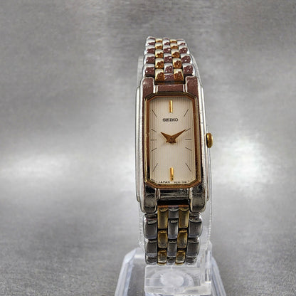 Seiko Tank Watch Women 14mm Cream Dial Two Tone Rectangle 2E207430 New Battery5