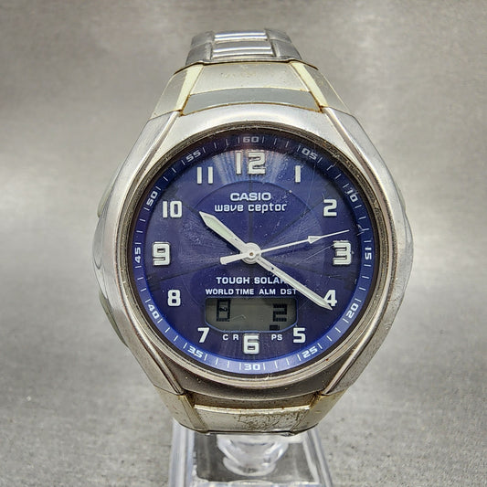 Casio Wave Ceptor WVA420J Watch Men 43mm Blue Dial Analog Digital Steel Works0