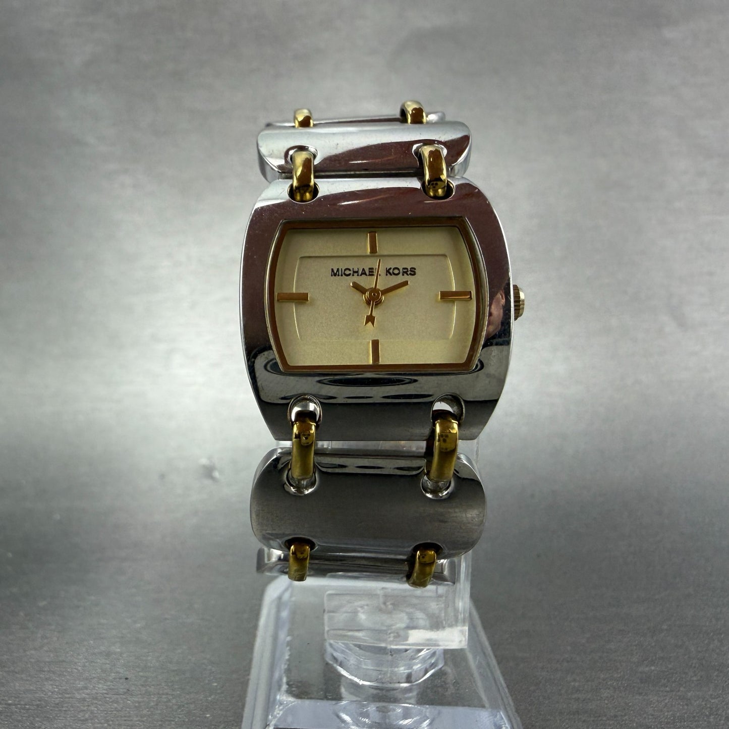 Michael kors Watch Women 25mm Champagne Dial Two Tone Rectangle MK-3082 New Batt5