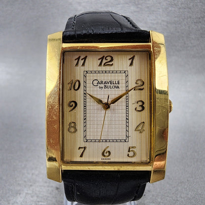 Bulova Caravelle Tank Watch Men 30mm Cream Dial Gold Tone Rectangle New Battery1