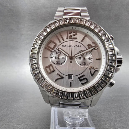 Michael Kors Chronograph Watch Women 45mm Silver Dial Steel Date MK-5590 New Bat5