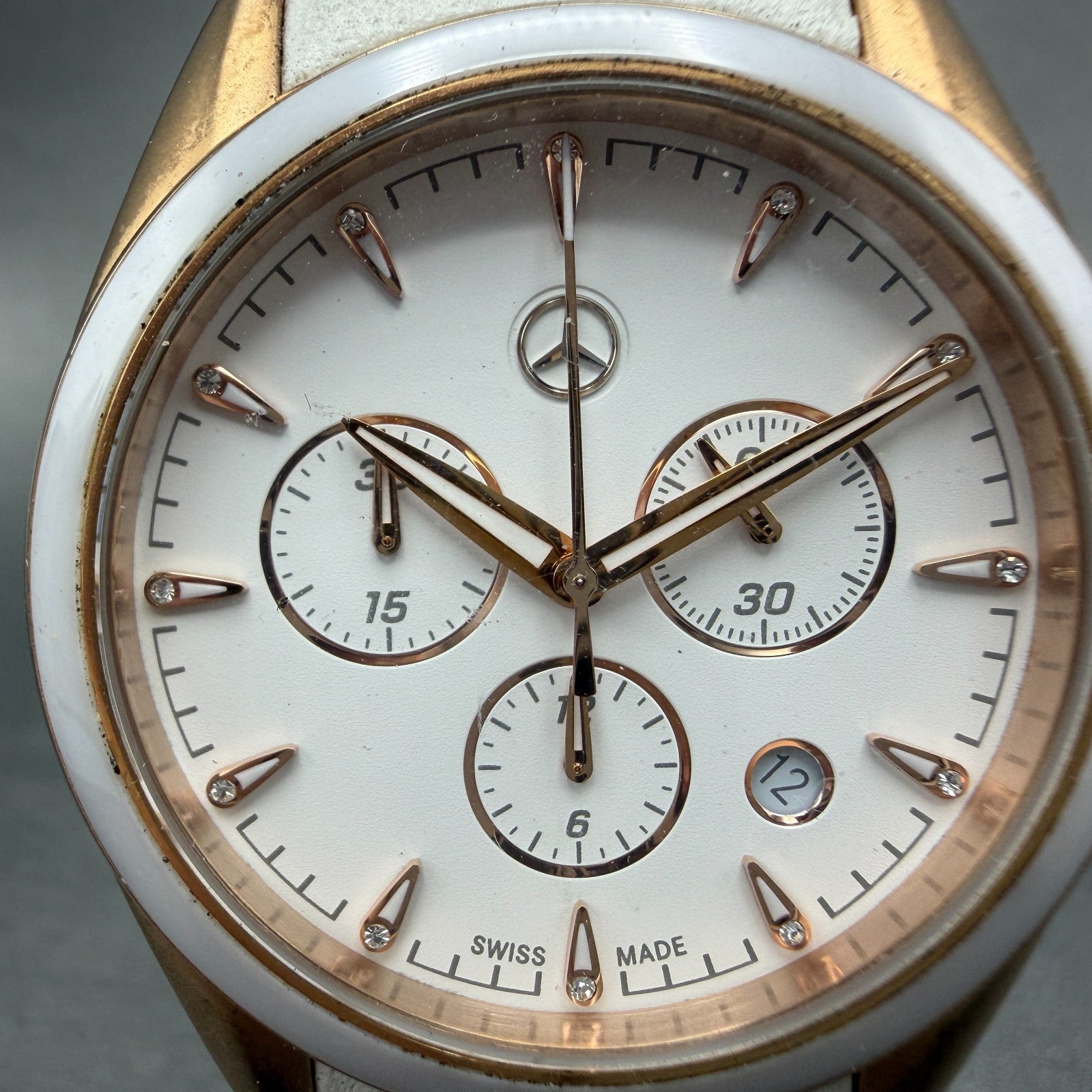 Mercedes-Benz Chronograph Watch Women 39mm White Dial Rose Gold Tone Date NewBat1