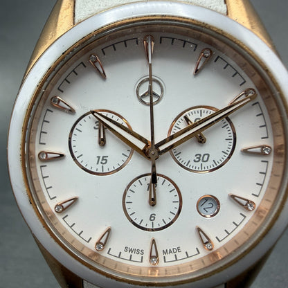 Mercedes-Benz Chronograph Watch Women 39mm White Dial Rose Gold Tone Date NewBat1