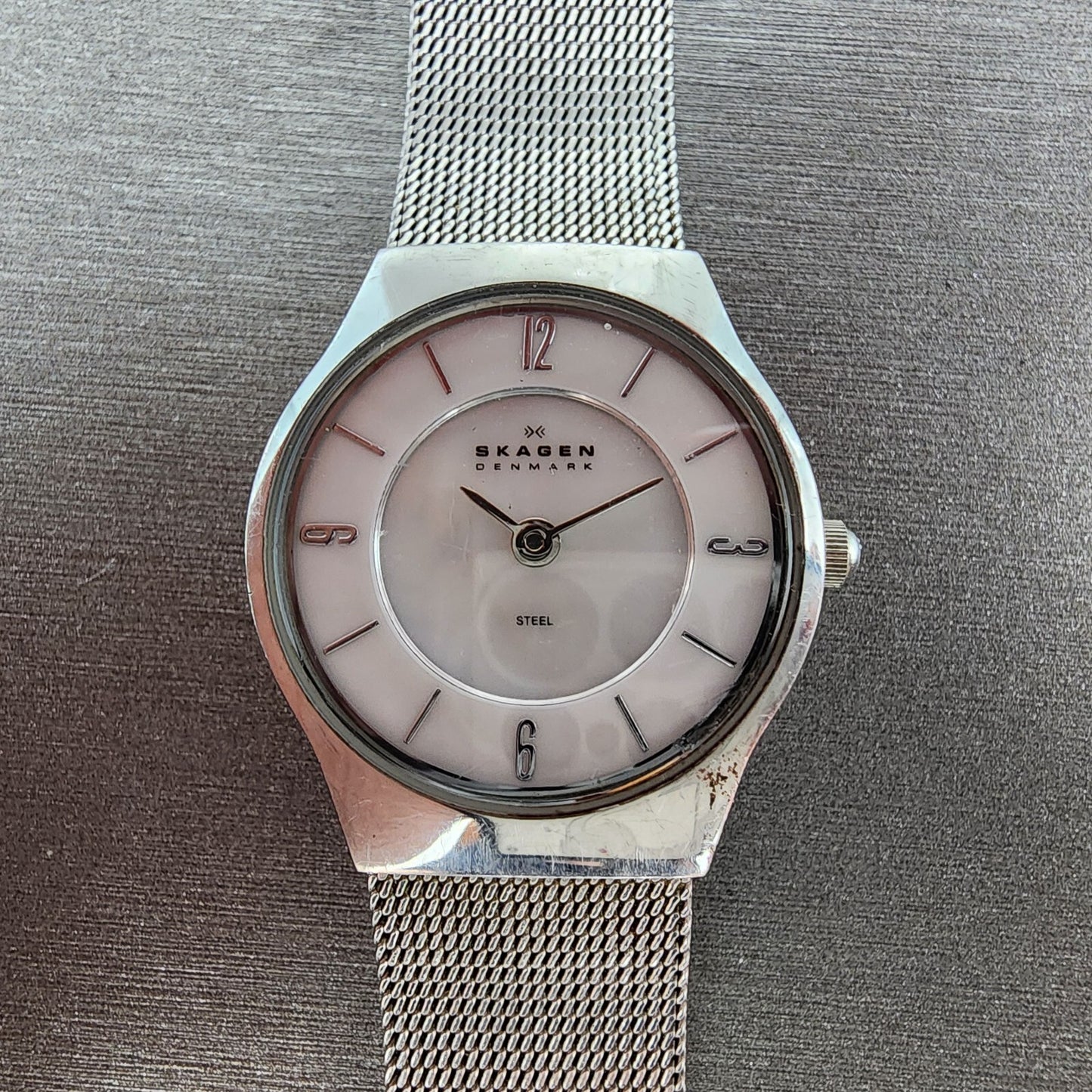 Skagen Steel Watch Women 24mm MOP Dial Stainless Steel Round Mesh band READ Runs0
