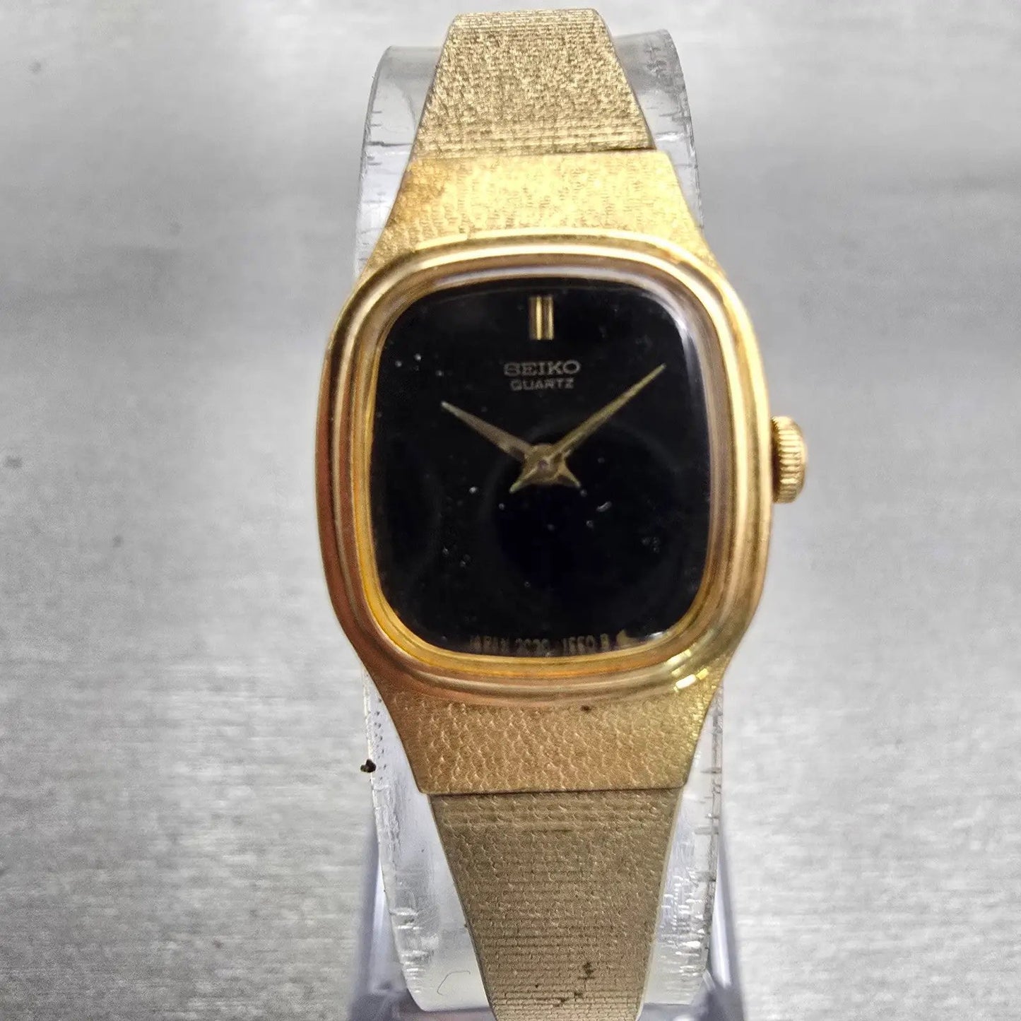 Seiko Watch Women 16mm Black Dial Gold Tone Rectangle 2C20-5770 New Battery VTG0