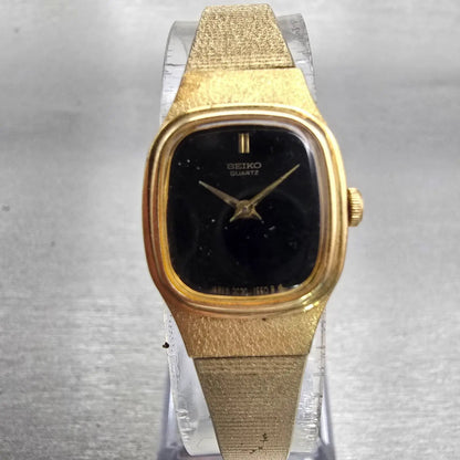 Seiko Watch Women 16mm Black Dial Gold Tone Rectangle 2C20-5770 New Battery VTG0