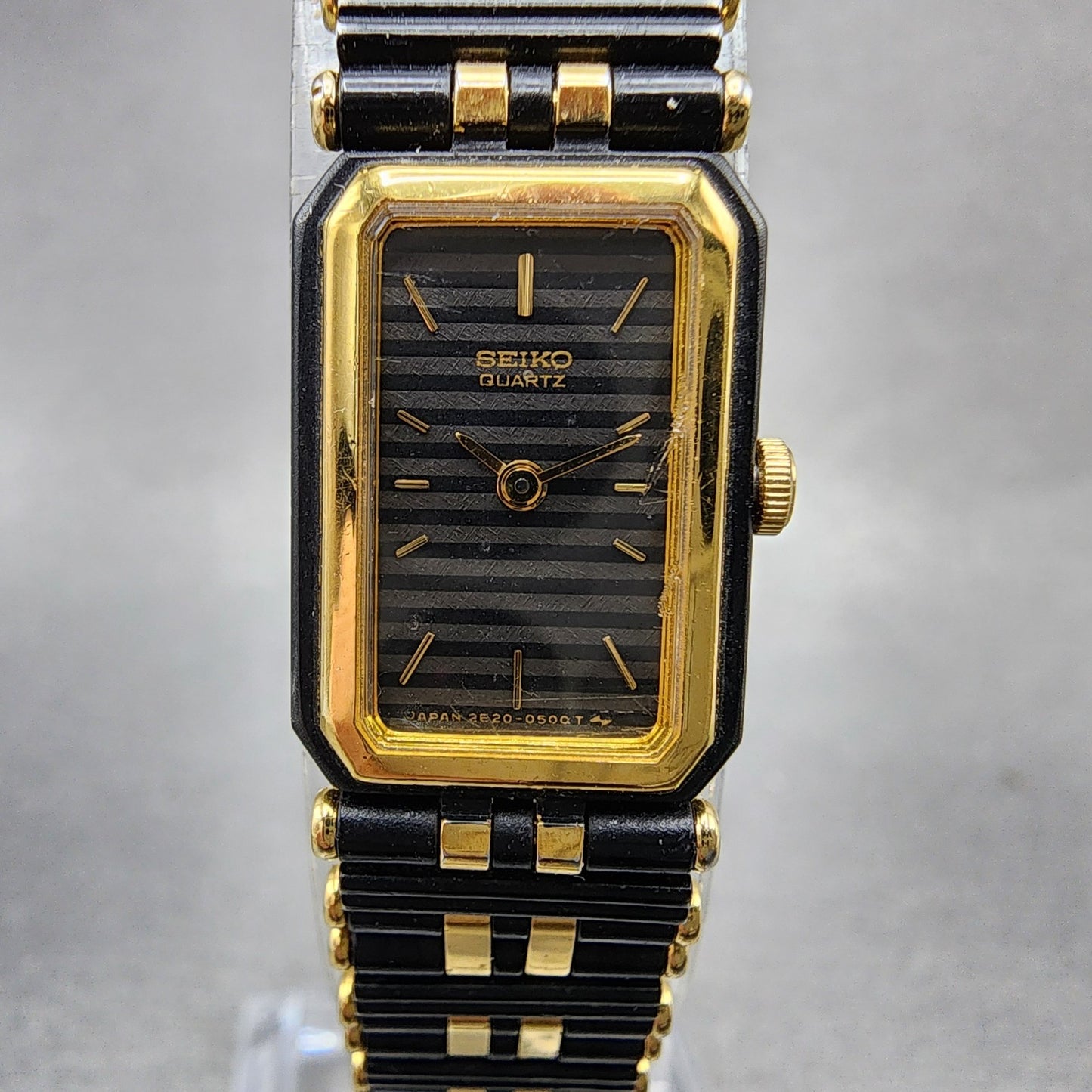 Seiko Tank Watch Women 14mm Black Dial Black & Gold Tone 2e205379 New Battery1