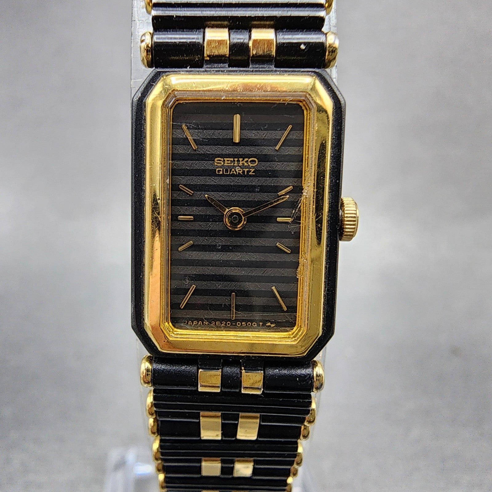 Seiko Tank Watch Women 14mm Black Dial Black & Gold Tone 2e205379 New Battery1
