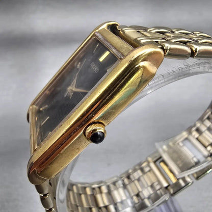 Seiko Watch Men 26mm Black Dial Gold Tone Rectangle V701-5E49 New Battery VTG2