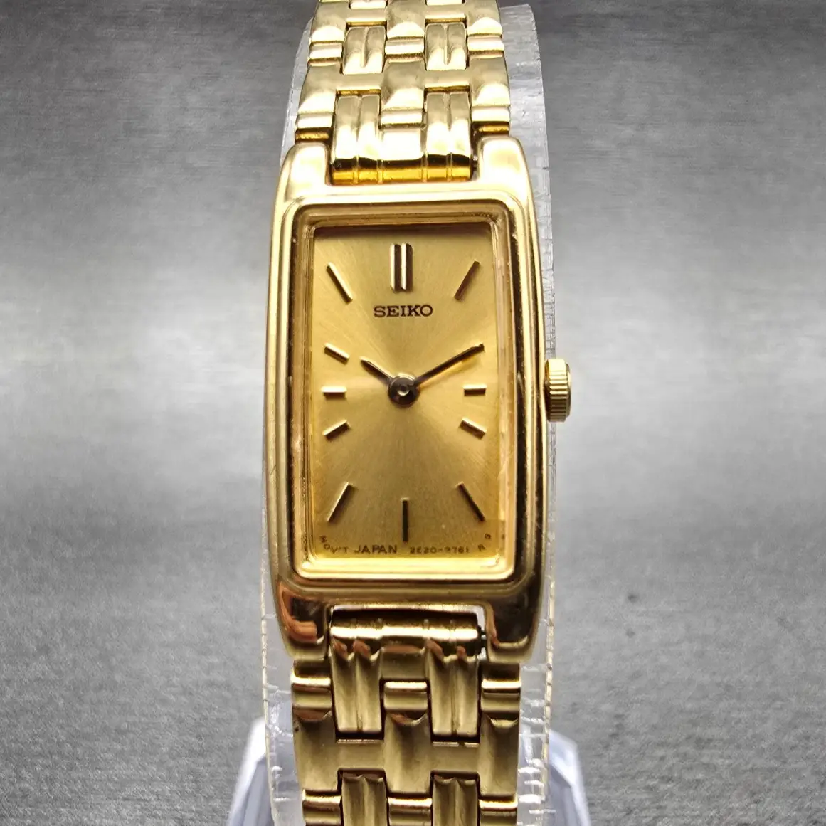 Seiko Watch Women 13mm Gold Dial Gold Tone Rectangle 2E20-7021 New Battery VTG0