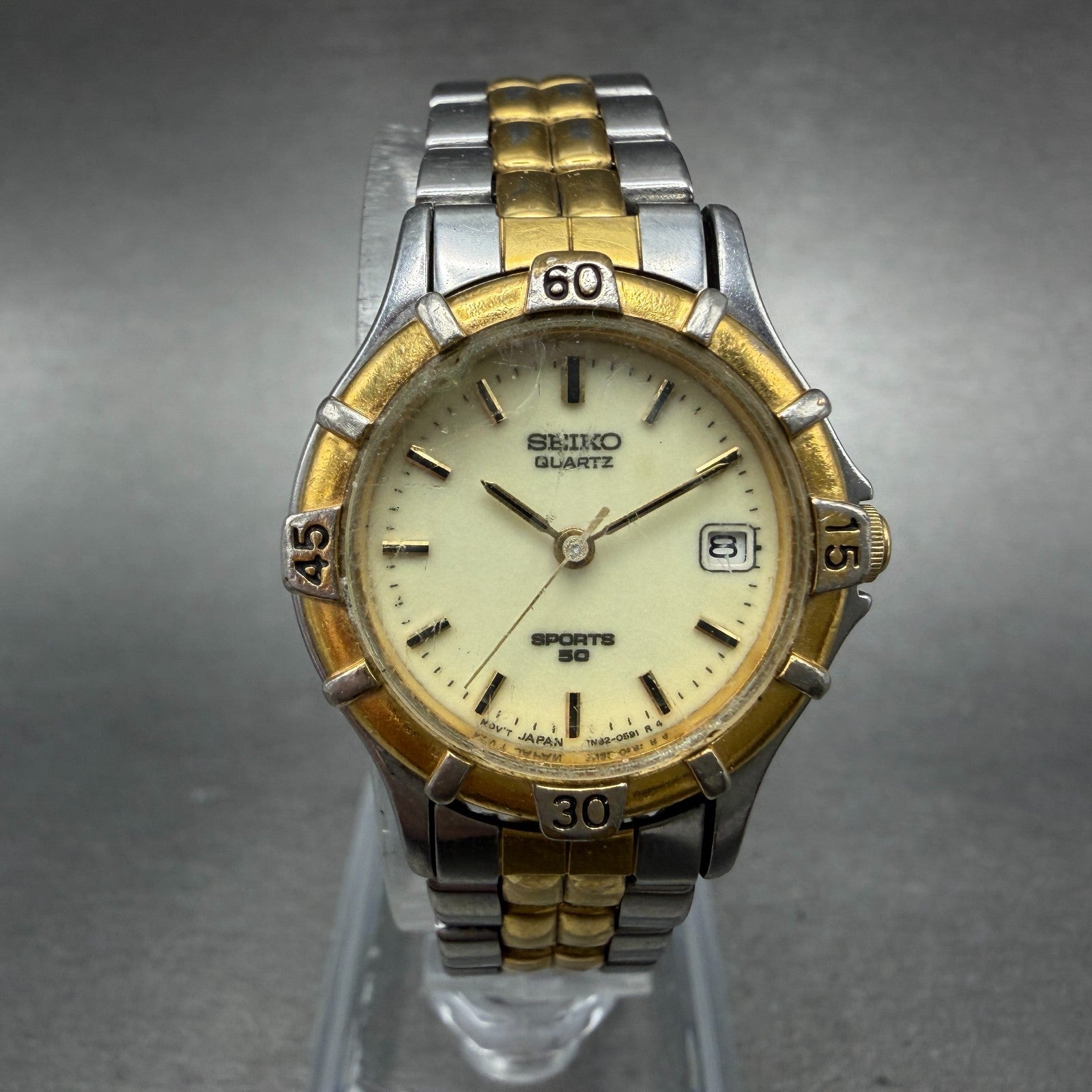 Seiko Sports 50 Watch Women 25mm Luminous Dial Two Tone Date Round New BatteryAB0