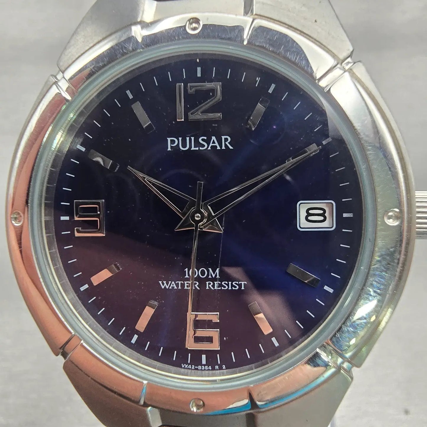Seiko Pulsar Watch Men 37mm Blue Dial Silver Tone Date Round VX42-X051 New Batt1