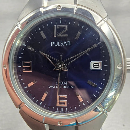 Seiko Pulsar Watch Men 37mm Blue Dial Silver Tone Date Round VX42-X051 New Batt1