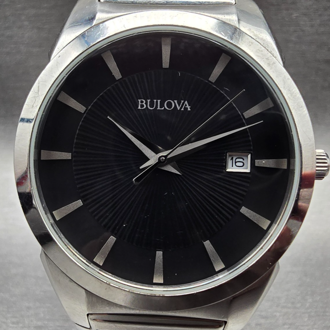 Bulova Watch Men 37mm Black Dial Silver Tone Date Round 96B149 New Battery 231