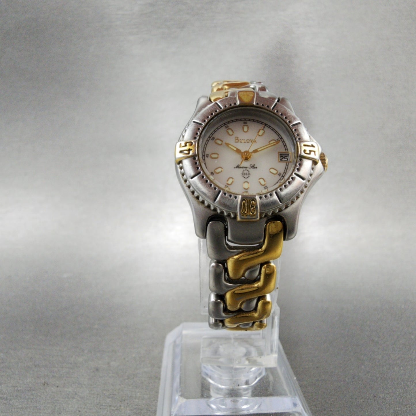 Bulova Marine Star Dive Watch Women 25mm MOP Dial Two Tone Date Round New batt5