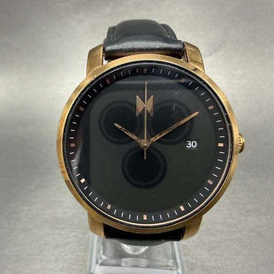 MVMT Boulevard Watch Women 38mm Black Dial Rose Gold Tone Date Leather New BattL0