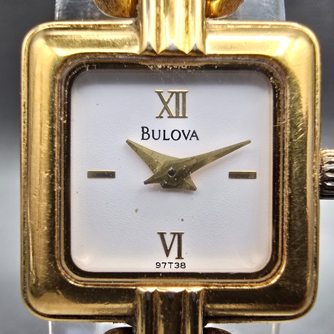 Bulova Watch Women 17mm White Dial Gold Tone Square 97T38 New Battery1