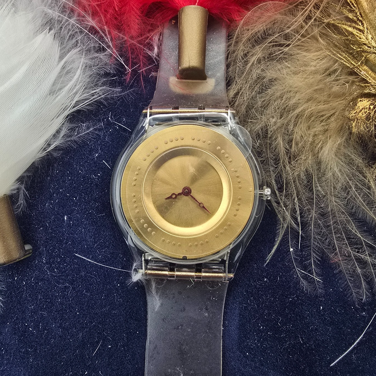 Swatch Plume de Fête Watch Men 34mm Gold Dial Clear Case SFK136 New Battery NOS0