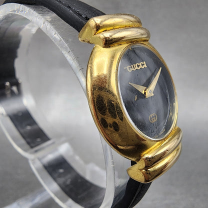 Gucci 5300L Watch Women 24mm Black Dial Gold Plated Round New Battery VTG3