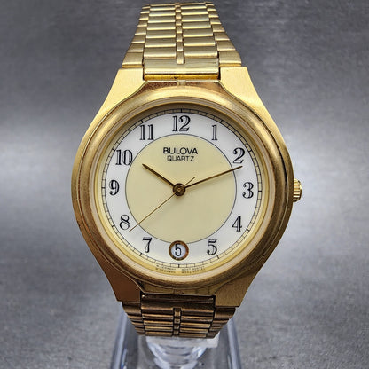 Bulova Watch Men 32mm White Dial Gold Tone Date Round 92B72 New Batt NOS3