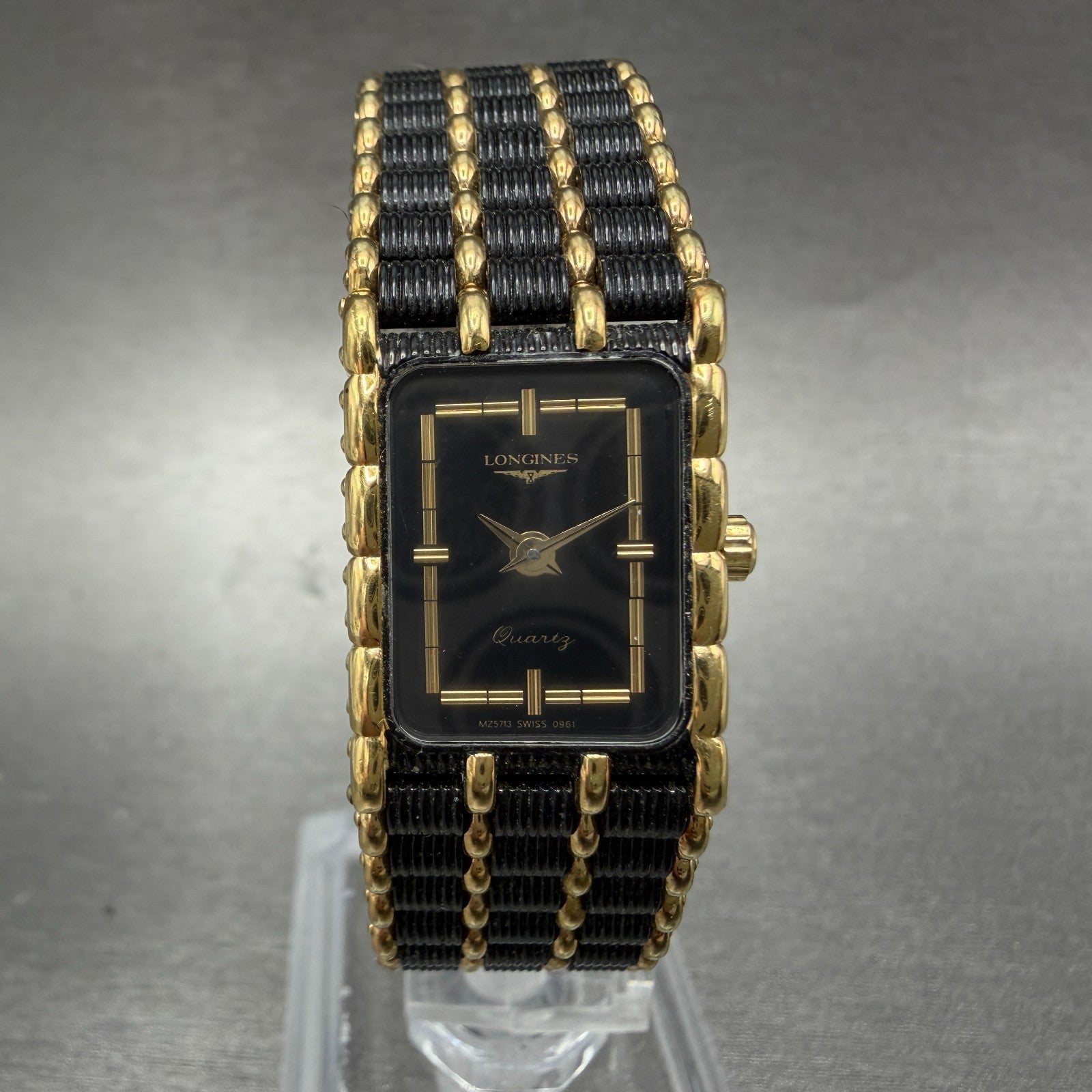 Longines Tank Watch Women 17mm Black Dial Black & Gold Tone 5724 New Battery0