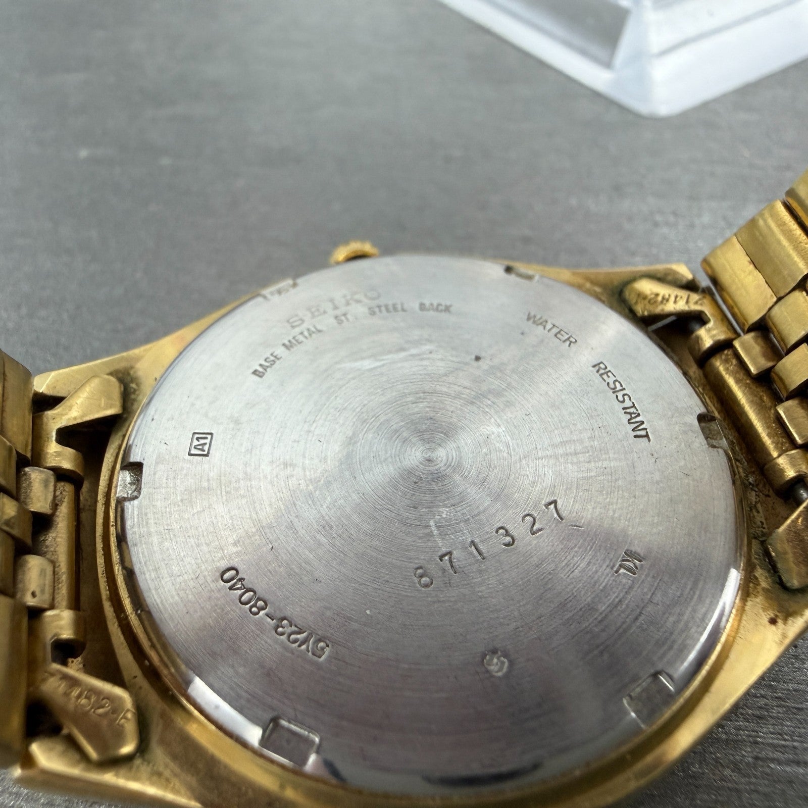 Seiko SQ Watch Men 35mm Gold Dial Gold Tone Daydate Round 5Y23-8040 New BatteryP9