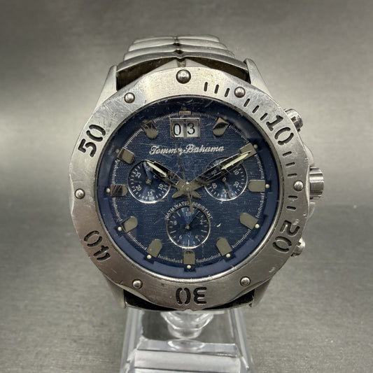 Tommy Bahama Chronograph Watch Men 43mm Blue Dial Steel Big Date TB3013 New Batt0