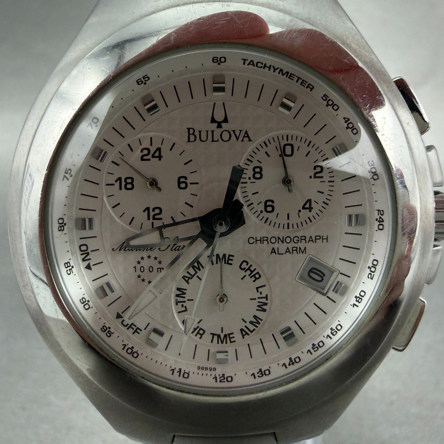 Bulova Marine Star Chrono Watch Men 47mm Silver Dial Silver Date 96B98 New Batt1