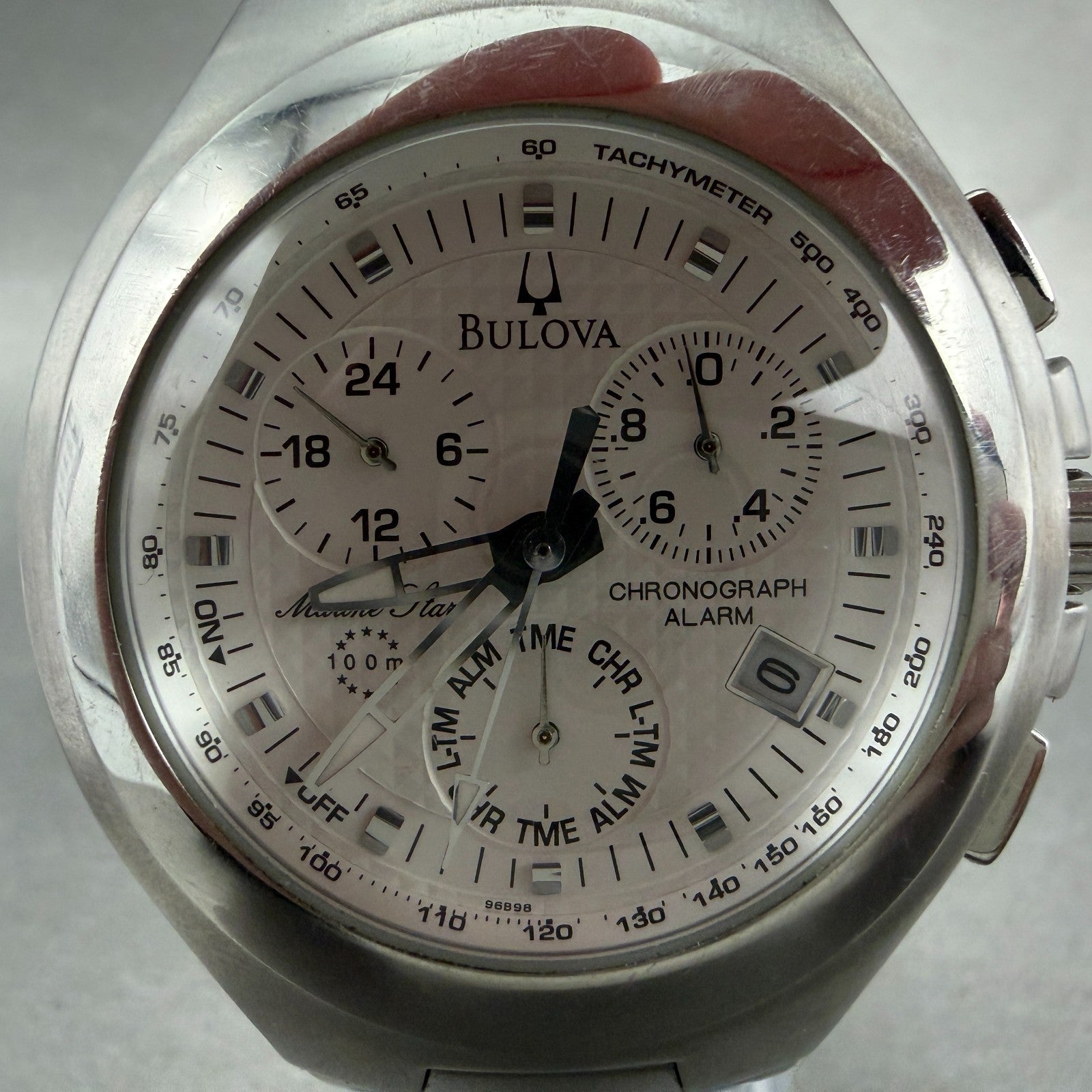 Bulova Marine Star Chrono Watch Men 47mm Silver Dial Silver Date 96B98 New Batt1