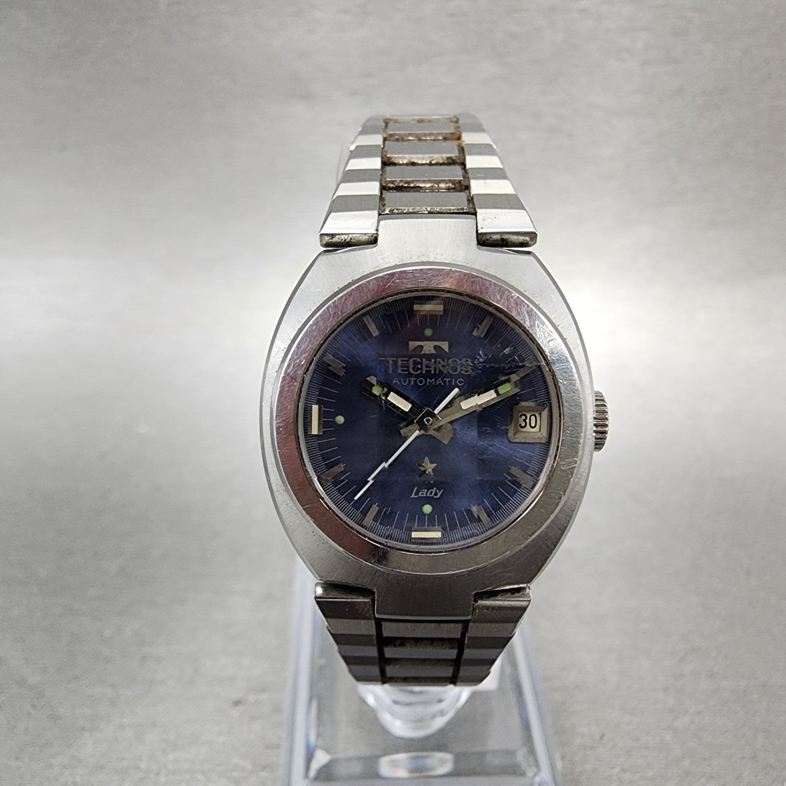 Technos Star Watch Women 24mm Blue Dial Silver Tone Date Automatic Runs VTG0