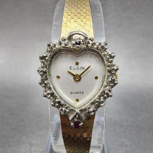 Elgin Watch Women Silver Dial Gold Tone Heart Shaped Gem Set bezel New battery0
