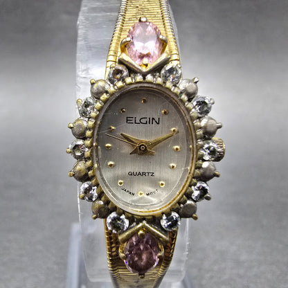 Elgin Watch Women 16mm Silver Dial Gold Tone Oval Crystal Accents New Battery0