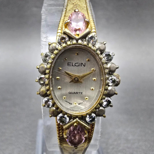 Elgin Watch Women 16mm Silver Dial Gold Tone Oval Crystal Accents New Battery0