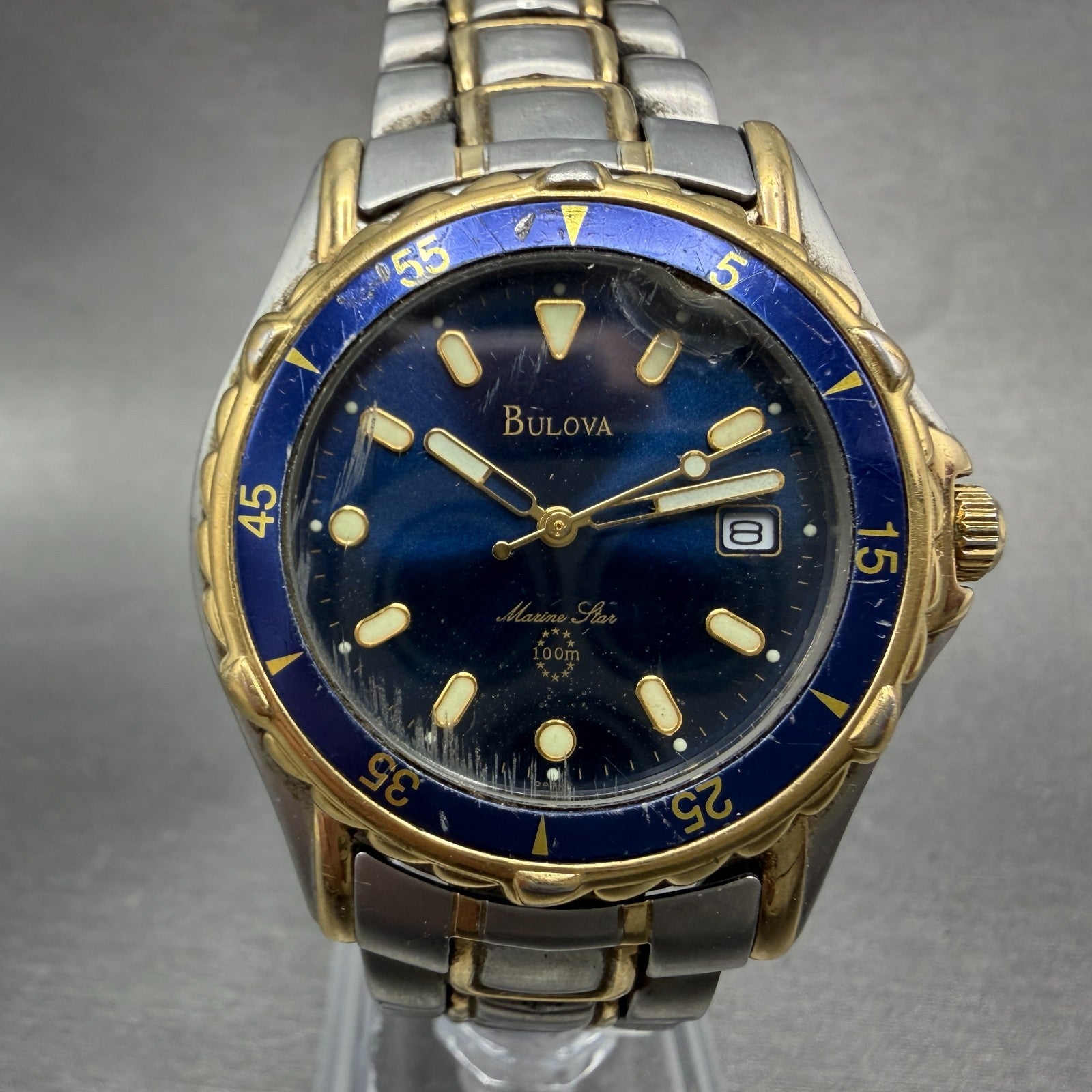 Bulova Marine Star Dive Watch Men 38mm Blue Dial Two Tone Date New Battery0
