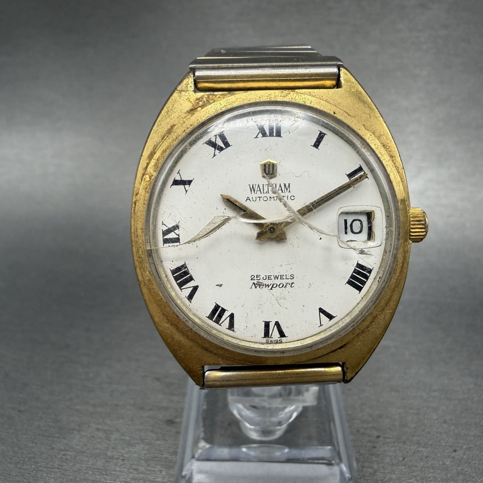 Waltham Newport Automatic Watch Men 35mm White Dial Gold Tone Date Round Runs0
