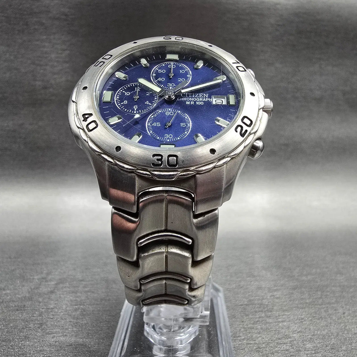 Citizen Chronograph Watch Men 42mm Blue Dial Silver 0510-S92294 New Battery JP5