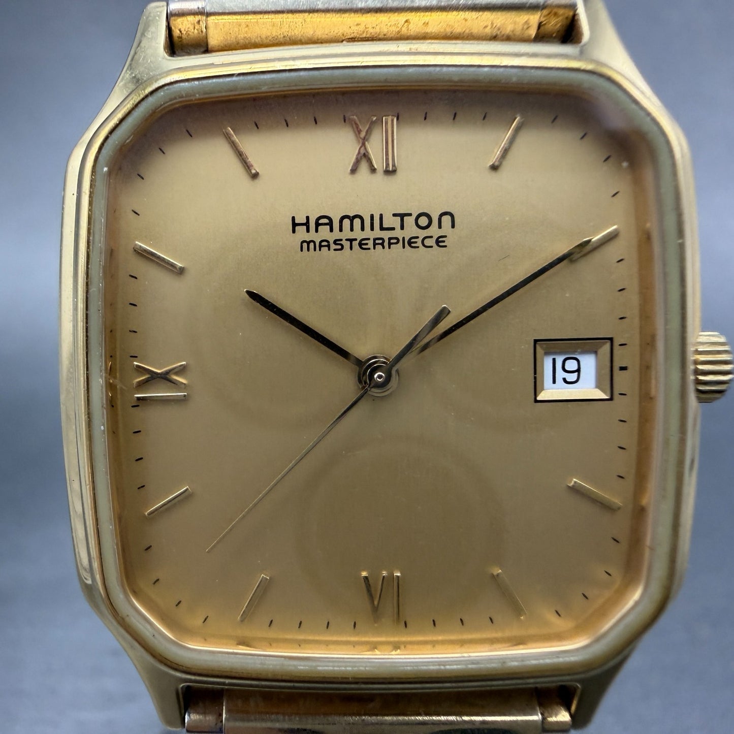 Hamilton Masterpiece Watch Men 30mm Gold Dial Gold Tone Date Rectangle New Batt1