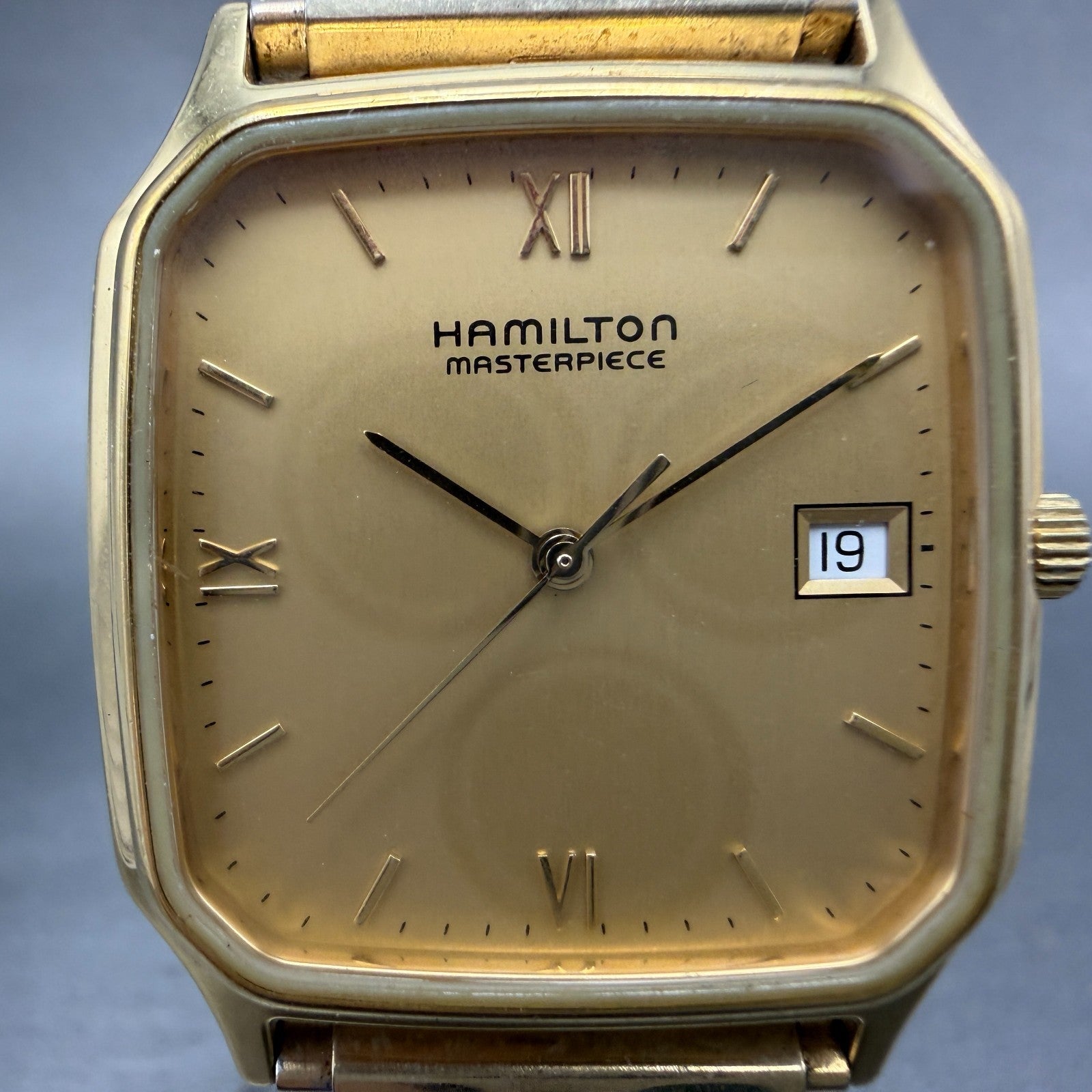 Hamilton Masterpiece Watch Men 30mm Gold Dial Gold Tone Date Rectangle New Batt1