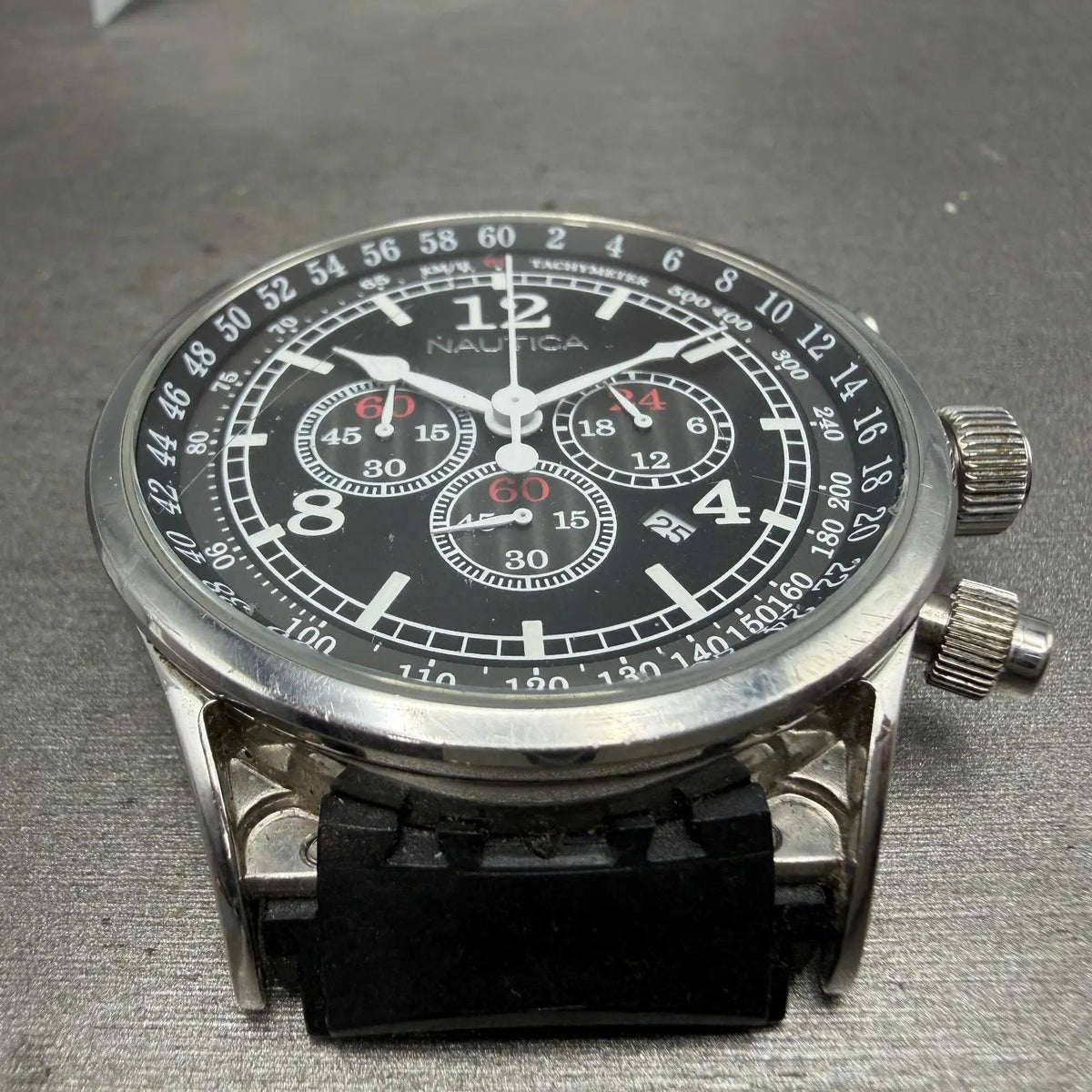 Nautica NSR-01 Chronograph Watch Men 44mm Black Dial Steel Date READ!!! New Batt2