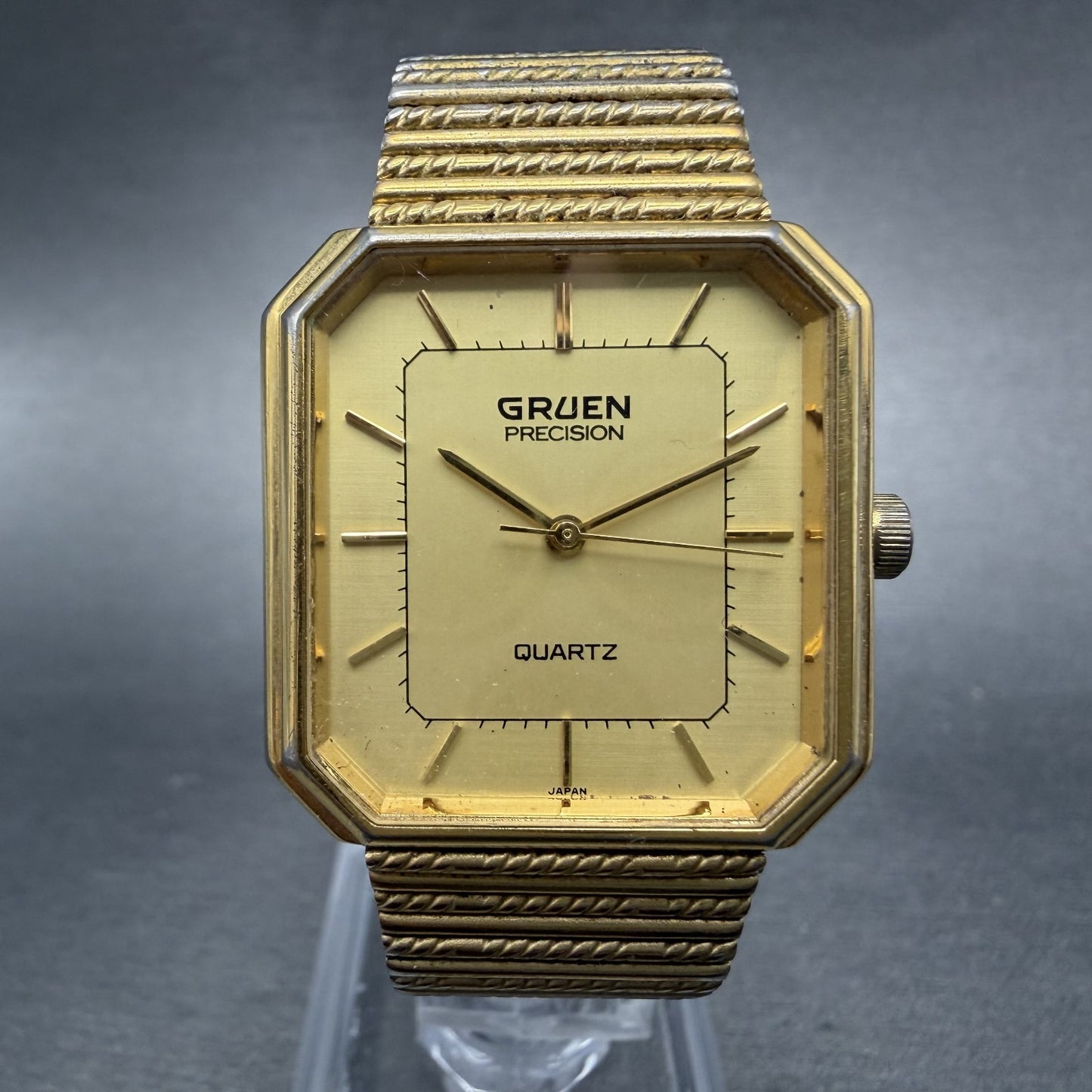 Gruen Precision Tank Watch Men 28mm Gold Dial Gold Tone Octagon New Battery VTG0