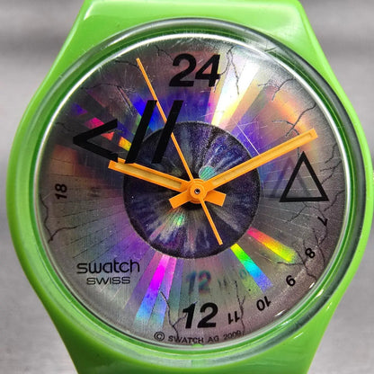 Swatch Playa Look Watch Women Silver Dial Green Case Round GZ215 New Battery1
