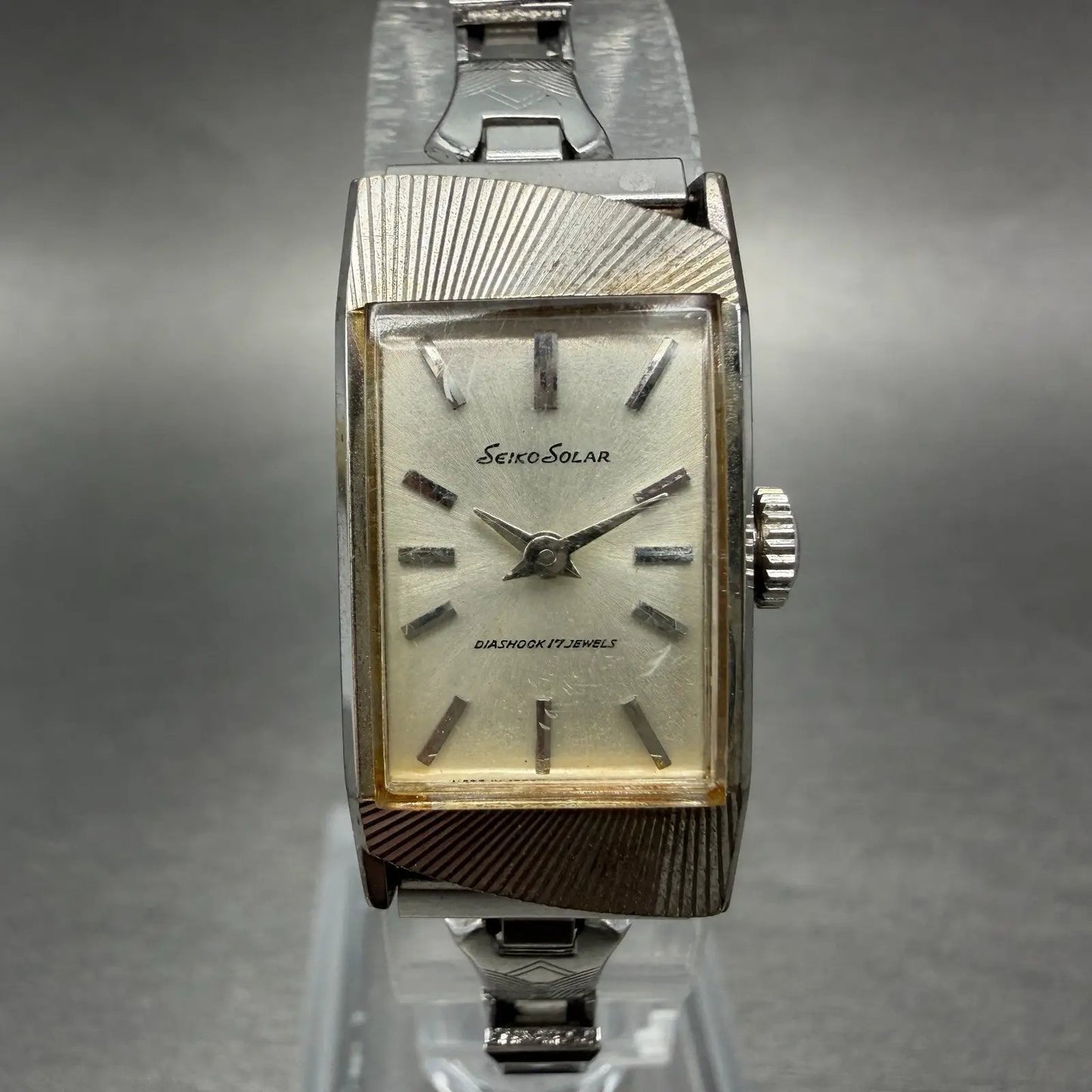 Seiko Solar Tank Watch Women 16mm Silver Dial Silver Tone Manual 1000-3030 Runs0