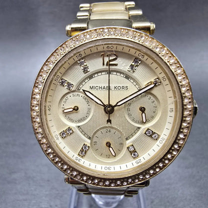 Michael Kors Mini Parker Watch Women 33mm Champange Dial Gold MK-5842 New batt 20