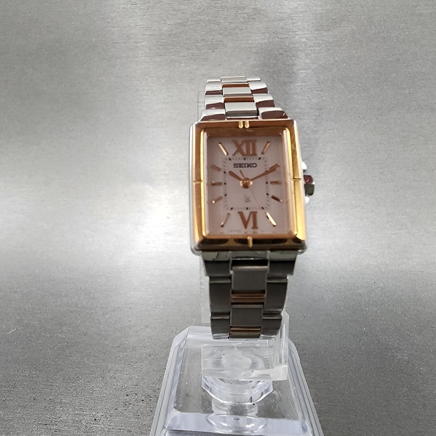 Seiko Solar Tank Watch Women 18mm White Dial Two Tone Rectangle Lukia RunsB5